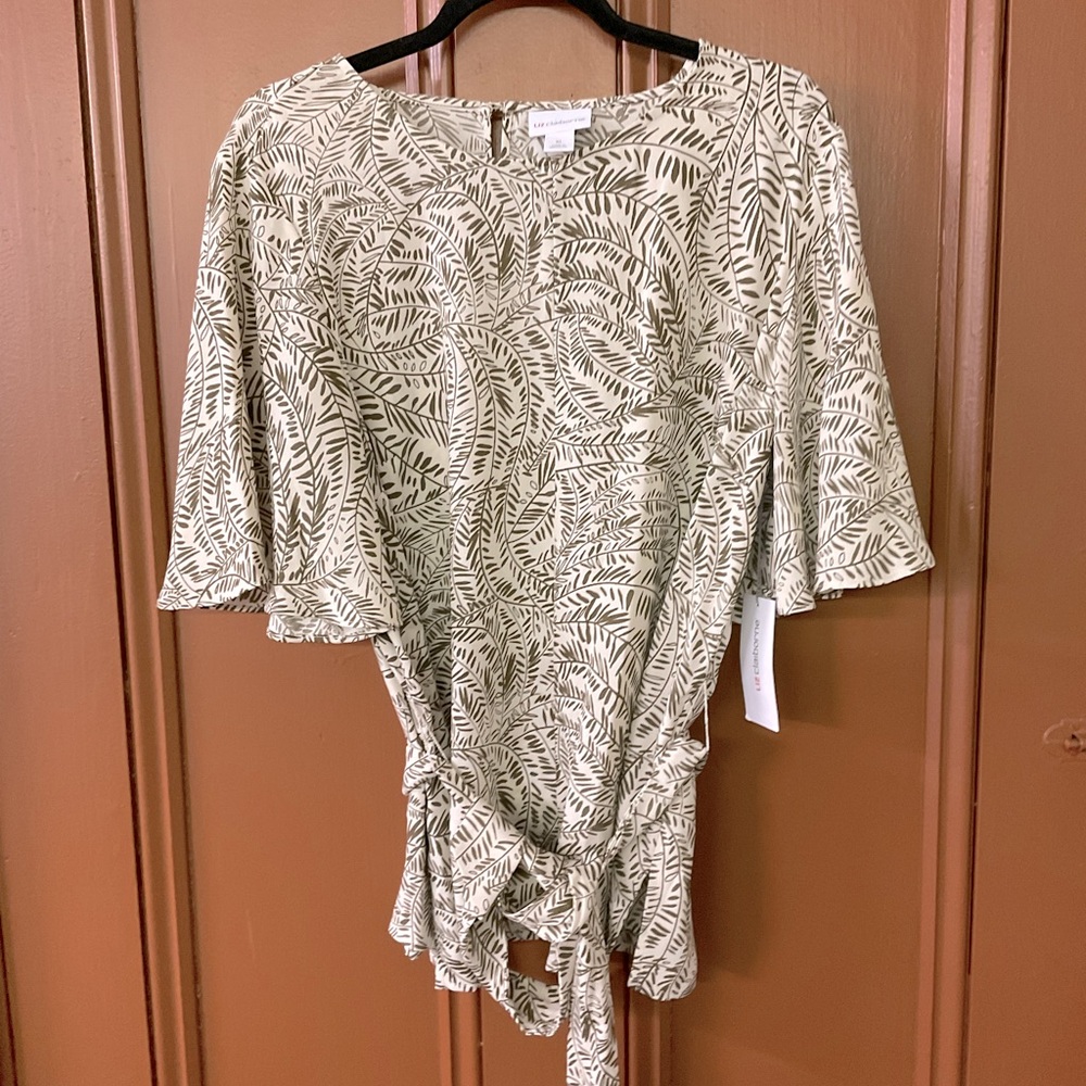 LIZ CLAIBORNE Ivy Floral Cream Green X-Large NWT Belted Blouse Flutter Sleeve